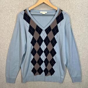 John Smedley Fyfe Argyle Sweater‎ Mens L Blue 100% New Wool England Jumper